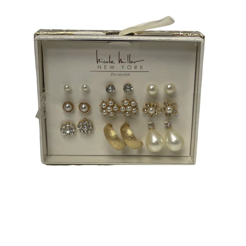 NEW! Nicole Miller 9 Pair Gold Pearl Earrings Women's Jewlery